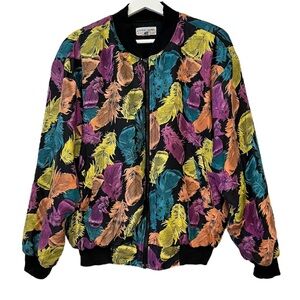 Carol Horn | Vintage Y2K 80’s 90’s Feathers Multicolor Silk Bomber Jacket Size M